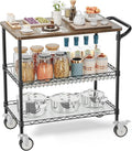 Rolling Kitchen Carts with Wheels, 3-Tier Utility Cart with Wood Tabletop | NSF Commercial Metal Serving Cart with Handle and Shelf Liner for Kitchen Snacks,34"D x 17.5"W x 32.5"H,Black