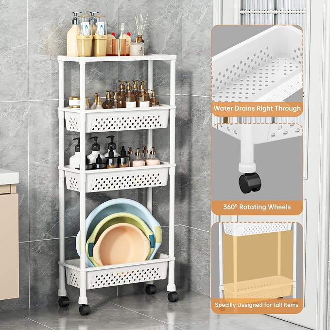 Slim 4 Tier Rolling Storage Cart Narrow Bathroom Organizer on Wheels White | 6.7" wide for tight bathroom/kitchen gaps, extra-tall tier, 360° casters, quick-dry shelves, tool-free storage rack