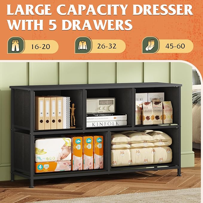 WLIVE Dresser for Bedroom with 5 Drawers, Wide Chest of Drawers, Fabric Dresser, Storage Organizer Unit with Fabric Bins for Closet, Living Room, Hallway, Vintage Green