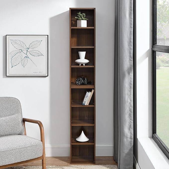 Sleek Walnut 8-Tier Media Tower Rack - Adjustable Slim Storage Cabinet, Tall Narrow Bookcase for Efficient Home Office Organization and Display!