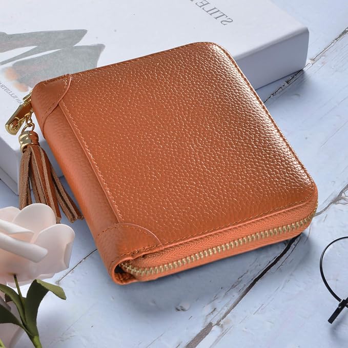 Easyoulife Womens Credit Card Holder Wallet Zip Leather Card Case RFID Blocking (Brown)