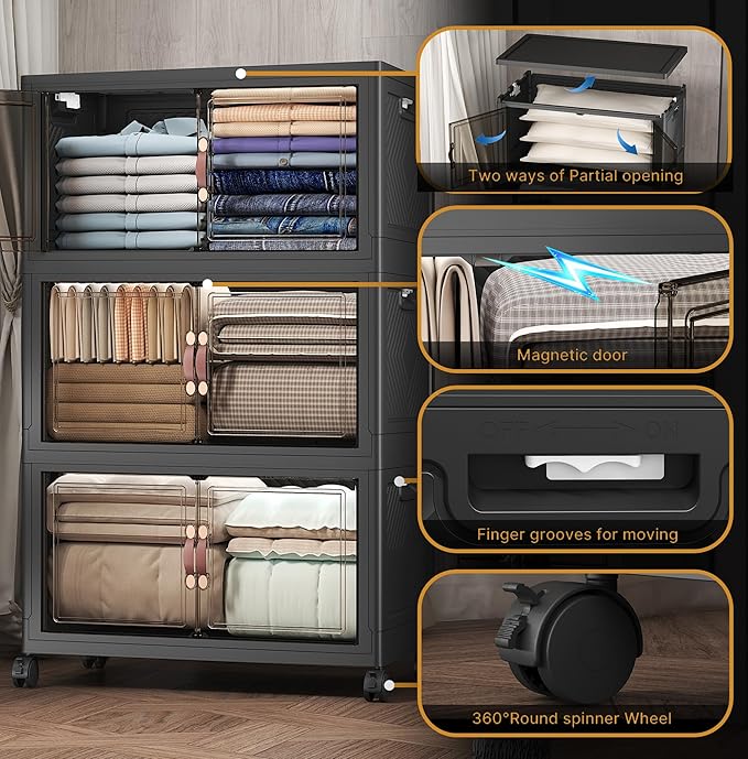 UAMFURI Extra Large Stackable Storage Bins with Lids & Wheels, Foldable Collapsible Closet Organizers Dark Storage Cabinet with Doors for Bedroom Dorm