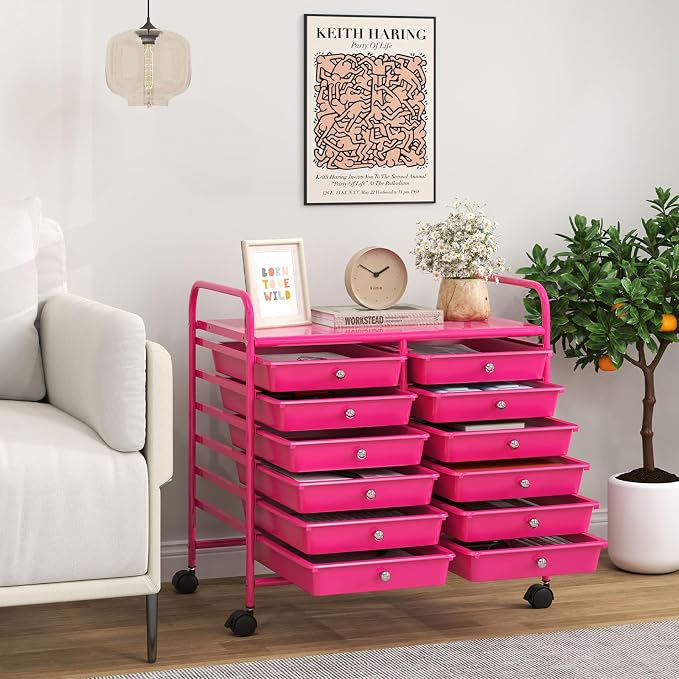 LDAILY 12 Drawer Rolling Storage Cart, Craft Cart Organizer on Wheels w/Metal Frame, Large Capacity & Smooth Drawer, Rolling Cart w/Drawers for Classroom, Office