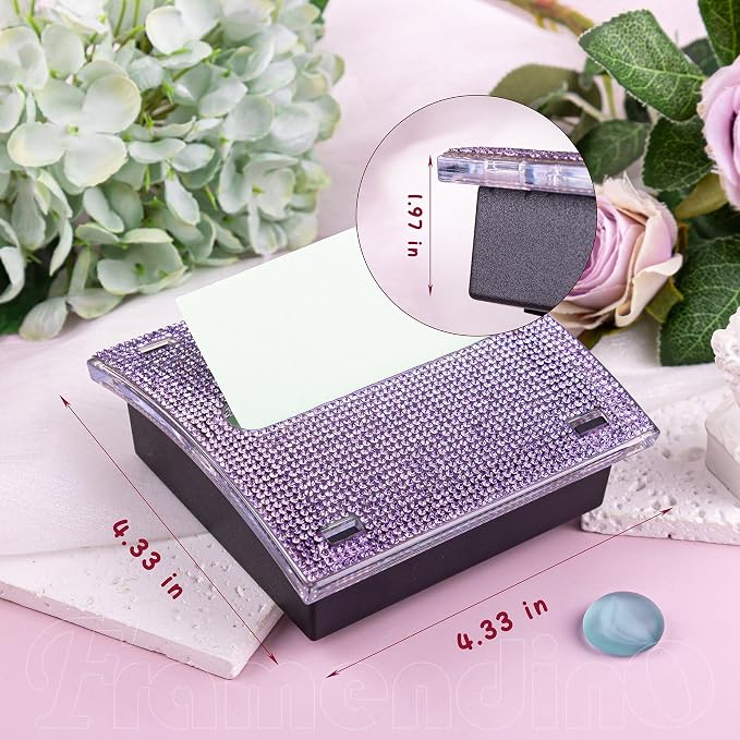 Framendino, Bling Self Sticky Note Holder 3 x 3 Inch Crystal Post It Notes Dispenser for Office Home Desk Accessories (Purple)