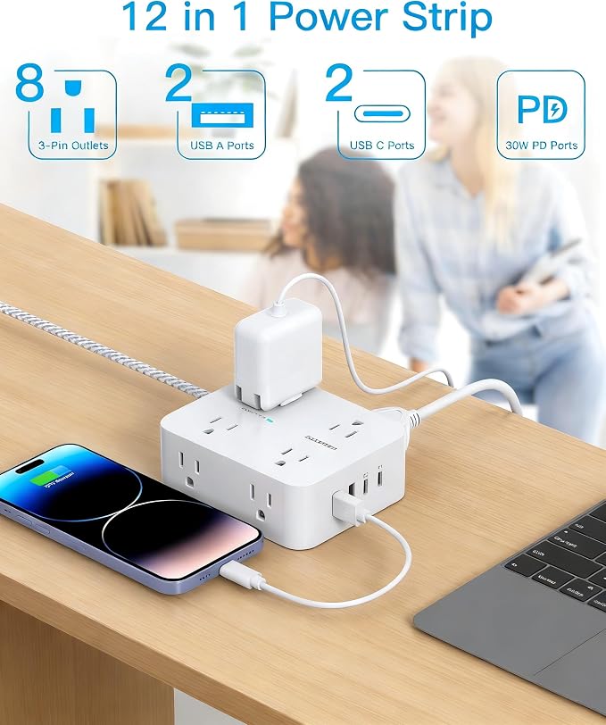 PD 30W USB C Power Strip Surge Protecor, HANYCONY 8 Outlets 4 USB(2 USB C Ports), 1080J Desk Charging Station for Multiple Devices, 15 Ft Flat Plug Extension Cord for College Dorm Room Essentials