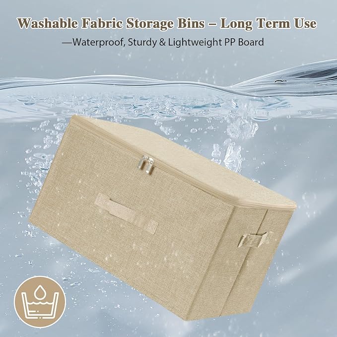 ANMINY Storage Bins with Zipper Lids 36 Qt Lidded Fabric Storage Boxes Baskets Cubes with Handles Collapsible Washable Cotton Linen Closet Shelf Clothes Organizer Containers - Beige, Large