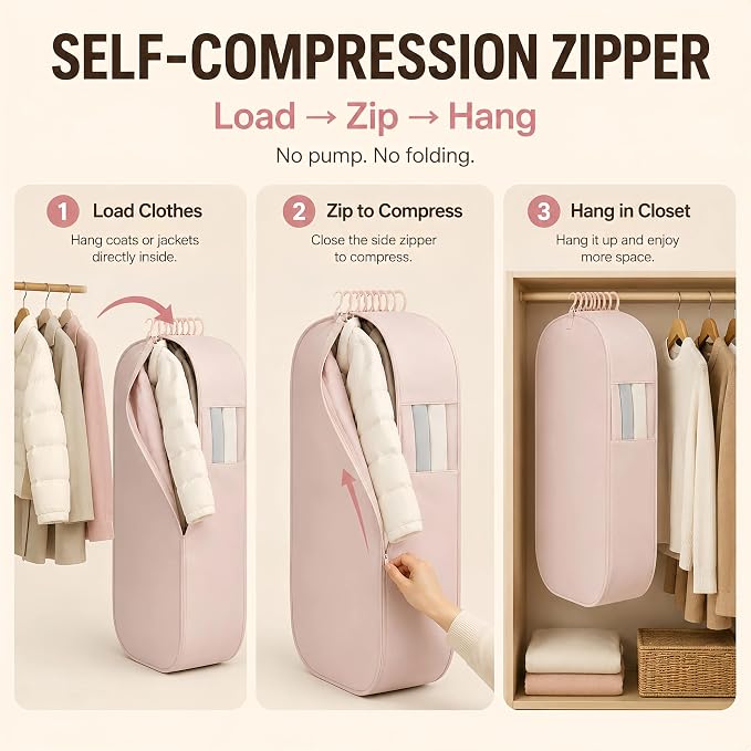 Space Saving Hanging Garment Bag, Compression Zipper for Coats & Jackets | Hanging storage keeps clothes visible and easy to find; holds 12-15 coats or 20-25 light garments; no pump needed.