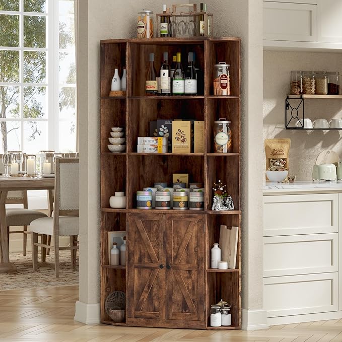 Vabches Corner Storage Cabinet, Farmhouse Storage Shelf with Bottom Cabinet, 67” Tall Corner Bookshelf with Barn Doors and Adjustable Shelf for Study, Living Room and Bedroom(Rustic Brown)