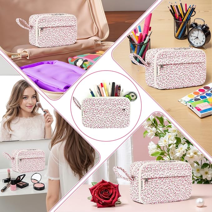 WOBAGMEN Quilted Pencil Pouch, Pink Floral, Girls Women | Large, Compartments, Cute Aesthetic, Organizer, School Supplies