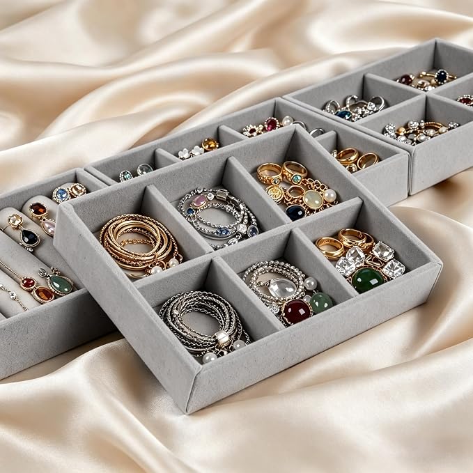 Small 8-Piece Velvet Jewelry Drawer Organizer Inserts Stackable Trays