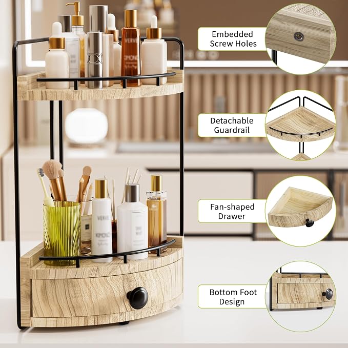 2-Tier Corner Bathroom Counter Organizer with Drawer, Wood color | Embedded Screw Holes, Wooden Countertop Organizers, Space-Saving, Bottom Ventilation Design, Counter Shelf for Vanity
