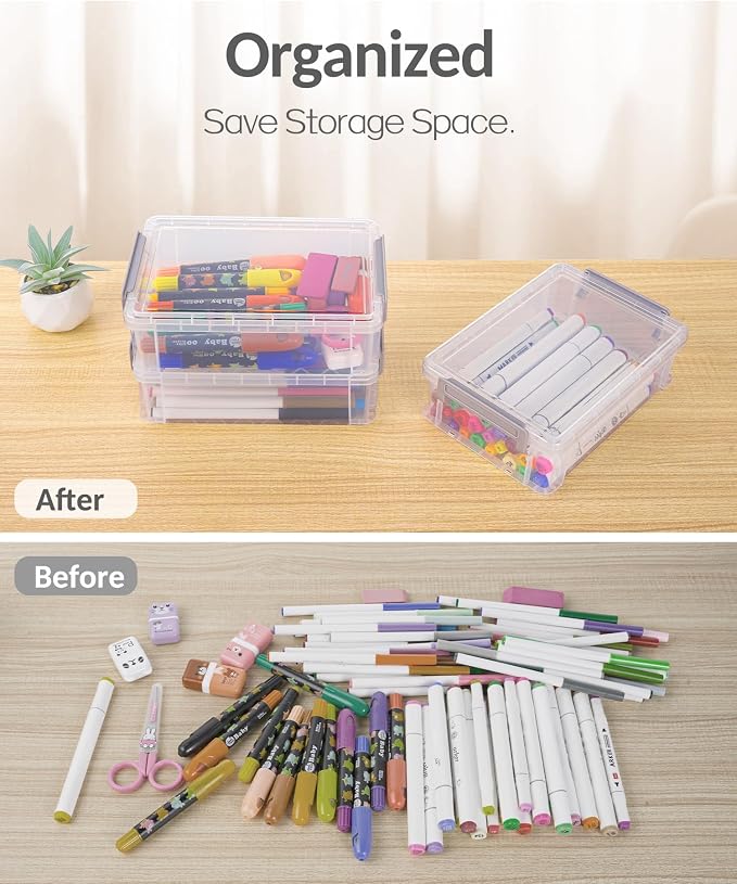 Sooez 6 Pack Extra Large Pencil Box, Plastic Pencil Case Crayon Box Bulk, Clear Marker Organizer Plastic Containers with Lid, Stackable Storage Boxes for Art Craft, Pen, Back to School Supplies, Black