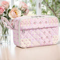WOBAGMEN Quilted Pencil Pouch for Girls Women, Large Pencil Case Pouch with Compartments Cute Aesthetic Pencil Case Organizer, Floral Pencil Bag for School Supplies (pink pin)