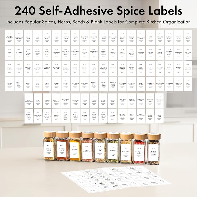 EDELHAUS Glass Spice Jars with Label, 24x Bamboo Wooden Lids - White Labels | Airtight Lids keep spices fresh, Kitchen Spice Drawer Organizer, 4oz Seasoning Containers incl. Funnel, Brush & 240 Labels