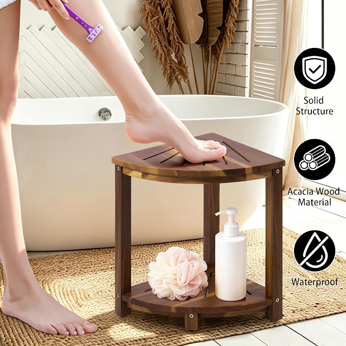 Bathroom Corner Shower Stool with Storage Shelf, Footrest for Shaving Legs, Sitting, Storage, Sturdy Bathroom Organizer for Shower, Kitchen, Living Room, Large Fan Shape–Acacia Wood