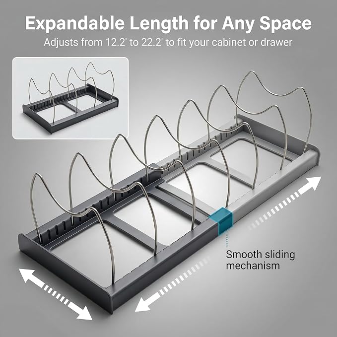 OMIO Expandable Pot Lid Organizer Rack for Under Cabinet, Adjustable 12"-22" Kitchen Storage with 7 Steel Dividers, Scratch-Resistant ABS Base for Pans, Cutting Boards, Bakeware, Grey