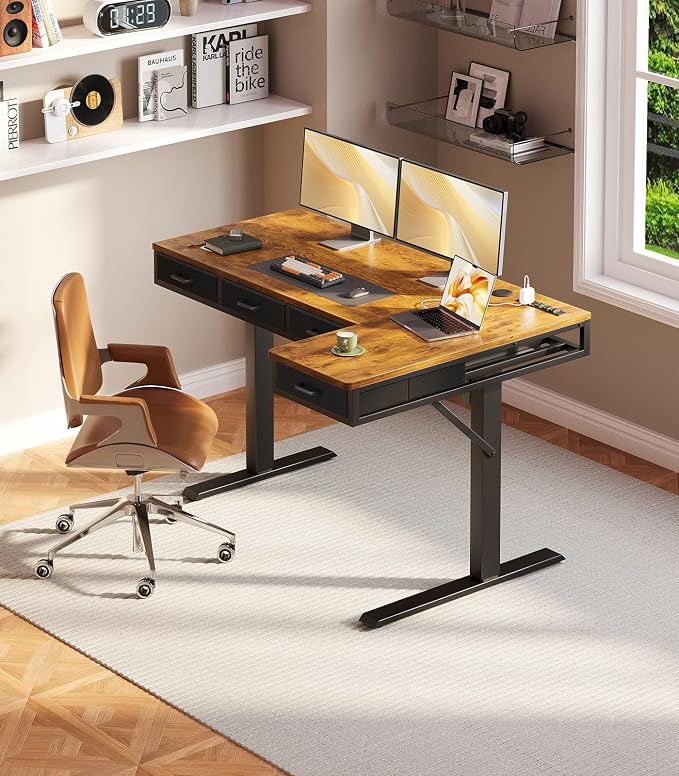 OffiGo 55 Inch L Shaped Electric Standing Desk with 4 Drawers, Rustic Brown | Reversible Corner Table, Office Desk With 4 Drawers and Outlets For Home Office, Computer Workstation And Sit Stand Use