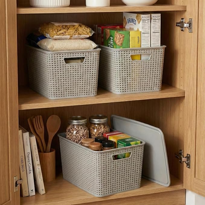 BINO | Plastic Storage Baskets with Lids, 22 Liter - 3 Pack, Natural Grey | THE WOVEN COLLECTION | Storage Basket for Shelves | Woven Storage Baskets for Organizing Bins | Pantry Shelf Organizer Bin