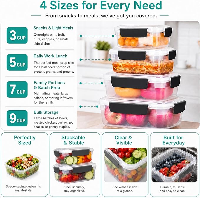 YORY 3cup Plastic Food Storage Containers With Lids For Portion Control,5pk | BPA free,Stackable and Nestable,Snaplock Lid ,Freezer Dishwasher Microwave Safe