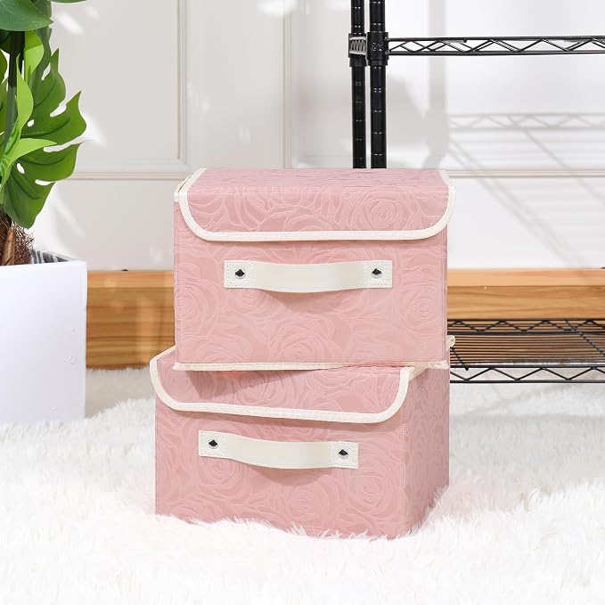 ANMINY 2PCS Fabric Storage Bin with Lid Rose Print Box Basket with PU Leather Handles Washable PP Plastic Board Decorative Foldable Lidded Shelf Cubes Closet Organizer Container - Pink, Small Size
