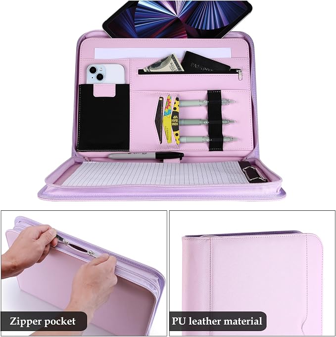ProCase Portfolio Business Padfolio Folder with Zipper -Purple | Conference Meeting Executive File Legal Document Organizer with Pockets Letter Size A9 Writing Pad Notepad Padfolio