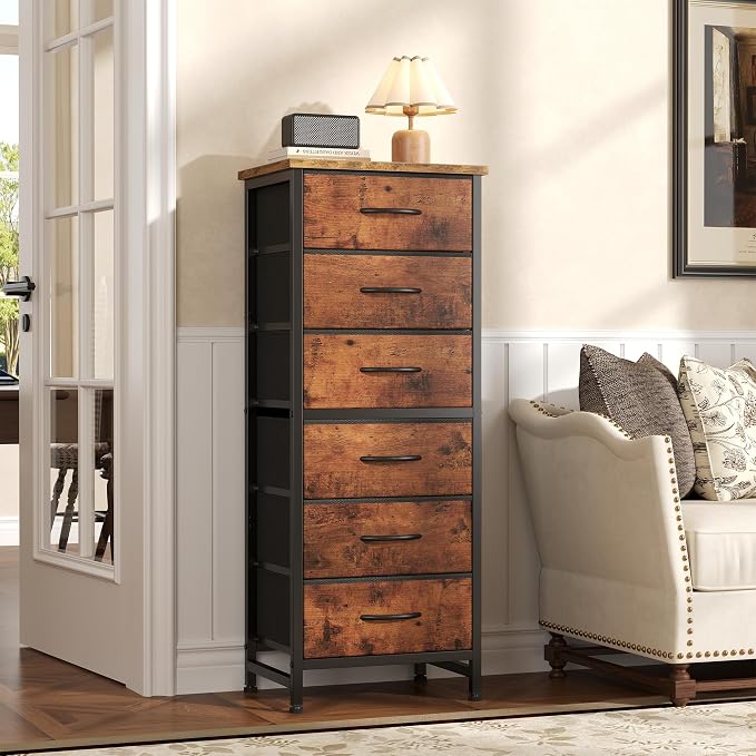 Sweetcrispy Tall Fabric Dresser for Bedroom, 6 Drawer Skinny Chest of Drawers, Narrow Storage Tower with Wood Top and Metal Frame, Vertical Nightstand for Closet, Bedroom Organization Furniture, Brown