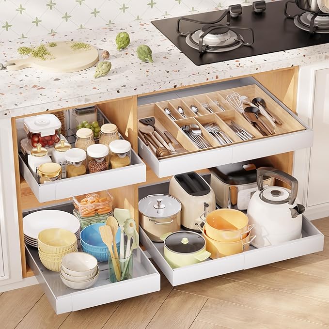2 Pack 21" Deep Pull Out Cabinet Organizer, Expandable(12.5"-20.5") Slide Out Drawer, Pull Out Drawer Storage Organizer with Adhesive for Kitchen Bathroom Home, White