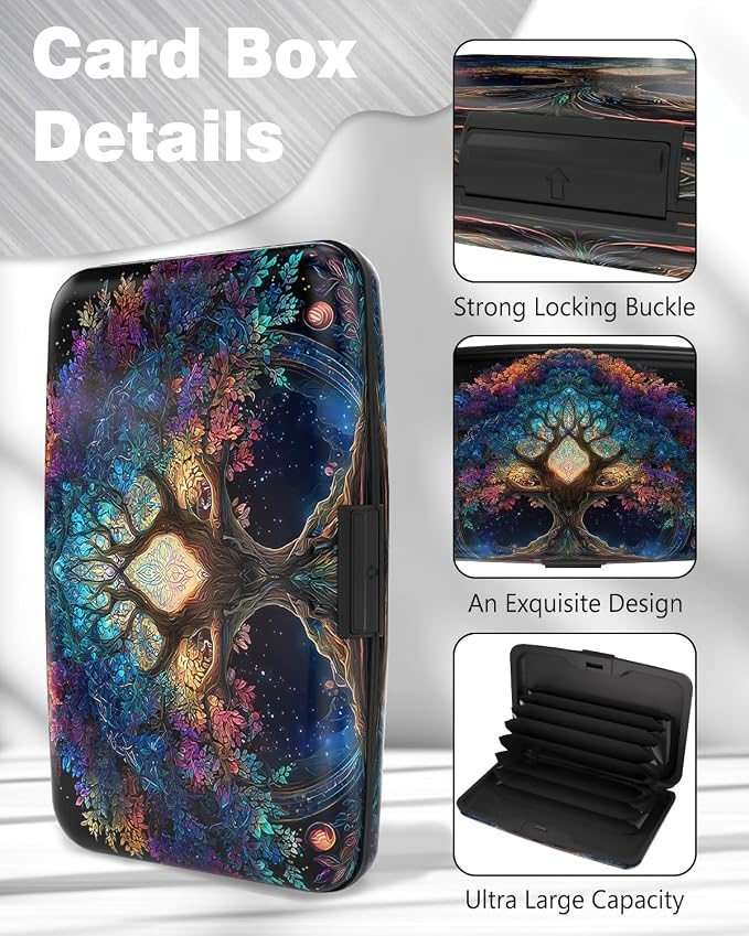 Maicican Credit Card Holder, Mini RFID Blocking Aluminum Wallet | Slim Metal Hard Case Travel Wallet ID Case for Women and Men, 4.3 x 2.9 Inches, Colorful Tree
