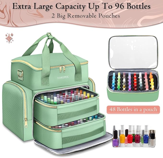 YOREPEK XL Nail Polish Organizer Bag Holds 96 to 100+ Bottles, Sage Breeze | Gel Polish Travel Case Bag with 2 Removable Pouches, Nail Storage Bag Fits Nail Supplies, UV lamp, Gifts for Manicurist Women