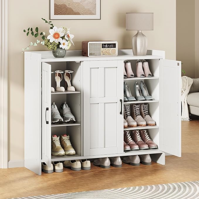 HOOBRO Shoe Cabinet for Entryway, 42.1" Large Shoe Storage Cabinet with 3 Doors, Adjustable Shelves Shoe Organizer for 16-20 Pairs, Freestanding Shoe Rack for Entryway, Hallway, Closet, White