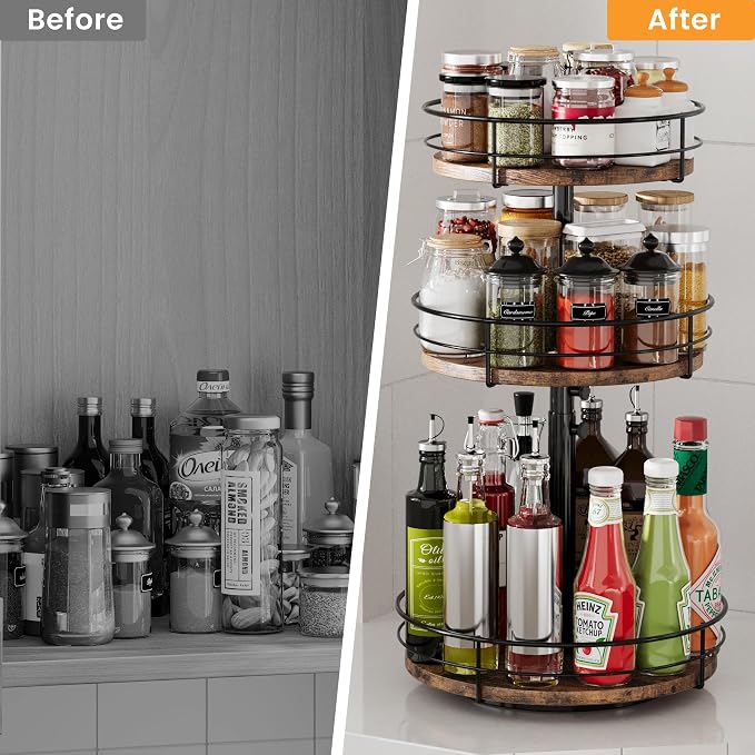 3 Tier Lazy Susan Spice Rack Organizer 360° Rotating, Black | Adjustable Height, For Kitchen Bathroom Countertop Pantry, Spinning Organizer, Table Top