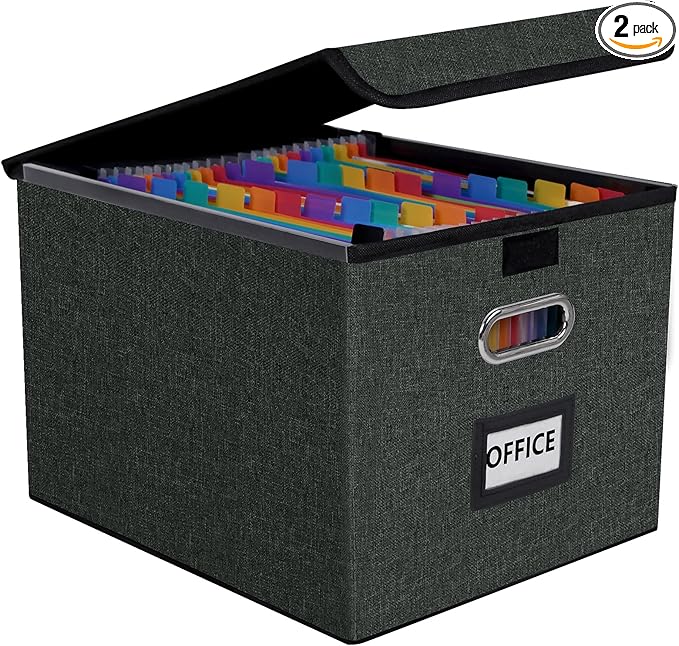 File Organizer Box with 25-Pocket Accordion Folder, File Folder & Protective Lid - Document Storage for Home, Office, School, Dark Grey