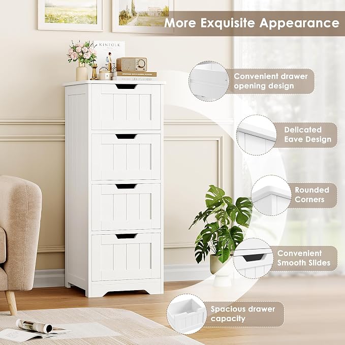 FOTOSOK Bathroom Storage Cabinet, Bathroom Cabinet with 4 Drawers, 11.8 x 11.8 x 32.5 Inches Small Bathroom Storage Cabinet, Freestanding Floor Bathroom Organizers and Storage for Entryway, White