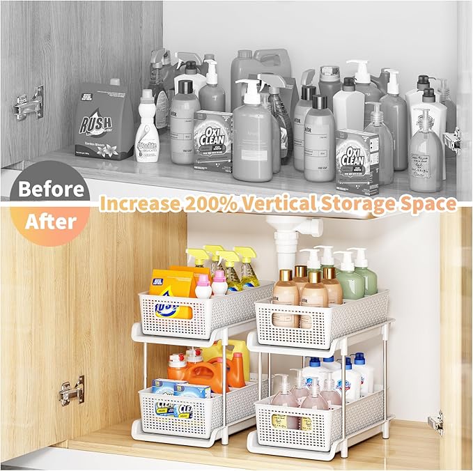 RIKOJUXI Bathroom Organizer with Dividers, 2Pcs 2 Tier Stackable Under Sink Organizers and Storage Cabinet Organizers for Bathroom Kitchen Pantry Organization and Storage, Medicine Cabinet Organizer