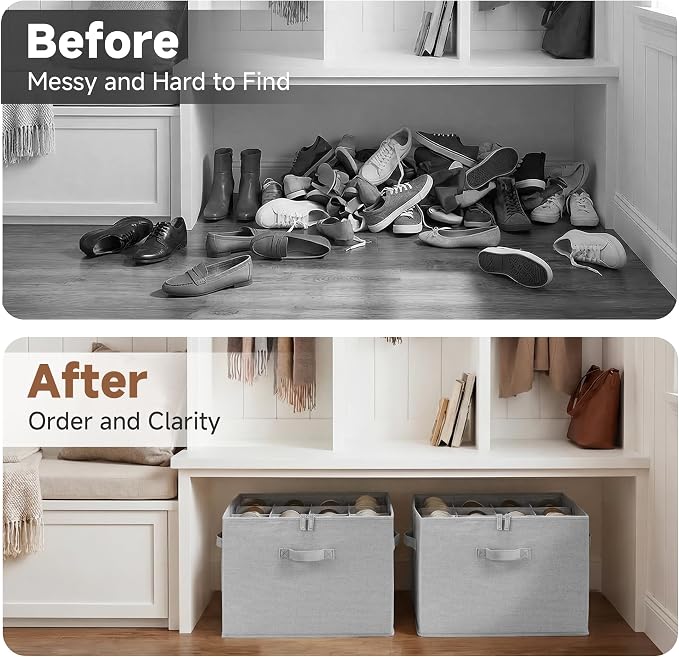 StorageWorks Shoe Organizer for Closet, Fits up to 16 Pairs, Shoe Cubby Storage Containers with Adjustable Dividers and Clear Cover, Grey