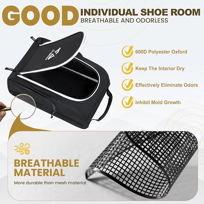 Golkcurx Golf Shoe Bag Travel Sport Shoe Carrier Bags for Men Women, Black | Zippered, Side Accessory Pockets, for Socks, Tees, Golf Balls, Travel Sport Shoe Carrier, Golf Accessories, Golf Gifts