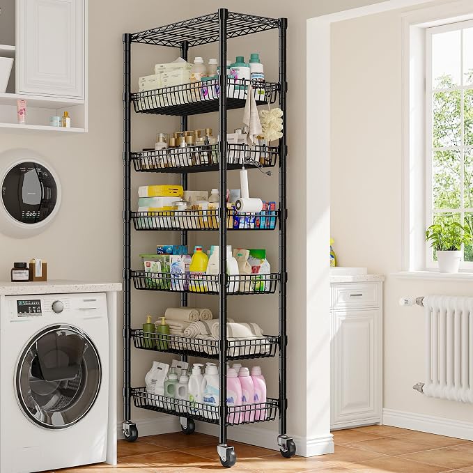 DurayLoly 7-Tier Wire Shelving Unit with Basket Shelf & Locking Wheels, Storage Shelves with Hooks for Space-Saving Kitchen Pantry Bathroom Closet Organizer, 72" H x 30" W x 14" D, Black