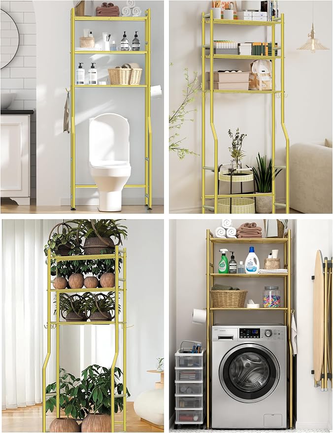 3-Tier Over The Toilet Storage, Freestanding Metal Bathroom Organizer with 4 Hooks & Anti-Tilt Kits, Heavy Duty Space Saver Shelf for Bathroom/Kitchen/Living Room, Gold