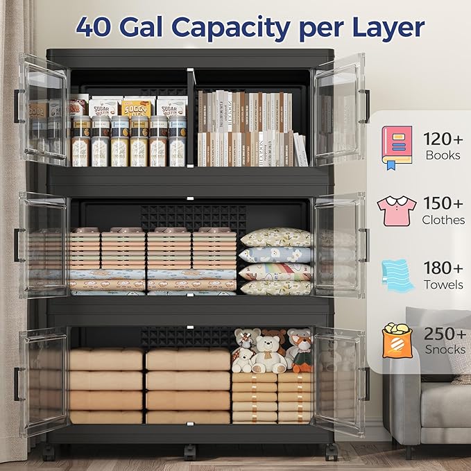 160GAL Storage Bins with Lid and Wheels, Stackable Closet Organizers and Storage Drawer, Collapsible Storage Box with Dividers, Foldable Plastic Cabinets for Room, Kitchen, 4 Pack Black