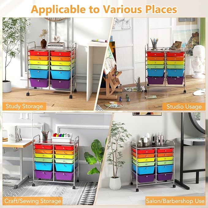 DREAMADE Rolling Cart with Storage Drawers, Utility Cart with Removable Plastic Drawers, Lockable Wheels, Art Cart for Classroom Organization Art Supplies Office Scrapbook (‎12 Drawers, Multi-color)