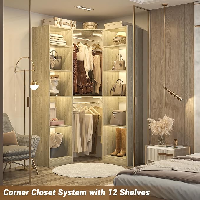 Besiost Corner Closet System with 12 Shelves, 39.2" Corner Closet Organizer System with 2 Hanging Rods, Versatile 6-Tier Walk-in Closets for Corner Space, White Oak (39.2" L x 39.2" W x 80" H)