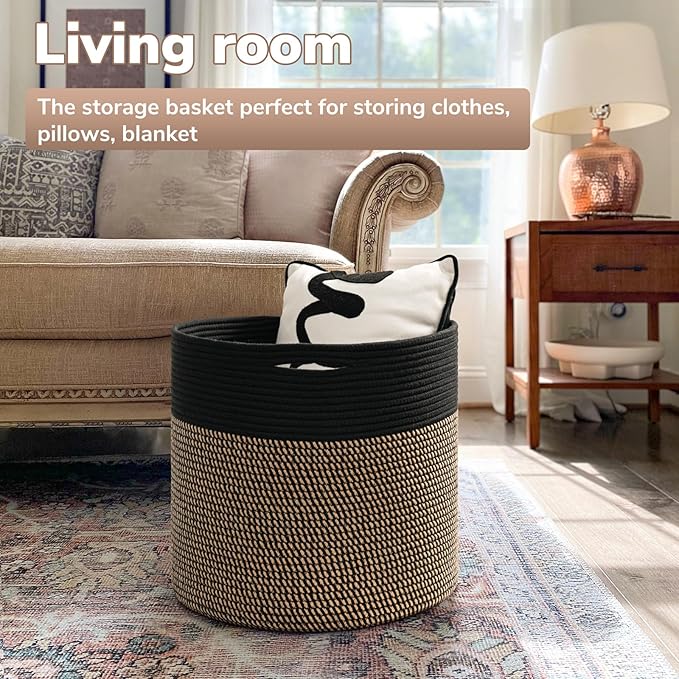 Goodpick Wicker Blanket Basket Living Room, Toy Storage for Playroom, 45L | 15.8 x 15.8 x 13.8 In Toy Storage Basket for Nursery, Blanket Basket for Living room, Laundry Basket, Black & Mix Jute