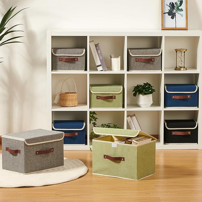 Storage Boxes with Lid Cotton Linen Fabric Storage Bins Organizer Container Decorative Collapsible Washable Shelf Baskets Faux Leather Handles for Home Bedroom Closet (Green, Large Size)