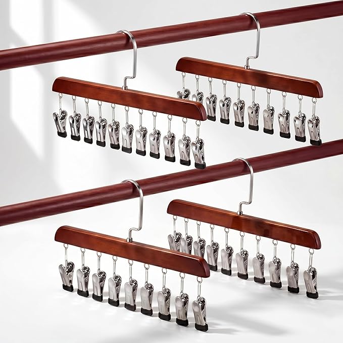 Novabright 4 Pcs Closet Organizer with 10 Clips Wooden Hat Rack for Closet, Space-Saving Hanging Organizer, Multipurpose Storage Display Accessory for Beanies, Ties, and Socks (Brown)