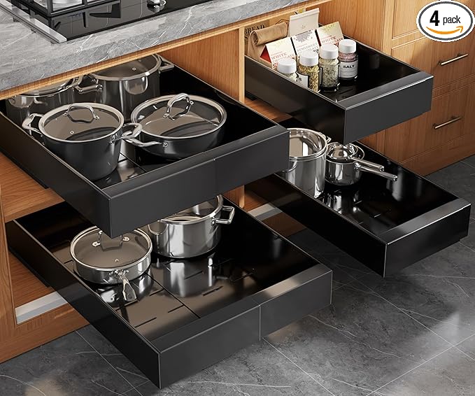 Seinloes 4 Pack Expandable (9"-14") Pull Out Cabinet Organizer 21" Deep With Raising Pad for Framed Cabinets,Upgrade 3 Slide Rails Slide Out Drawers,No Drill Roll Out Shelves Adhesive,Black