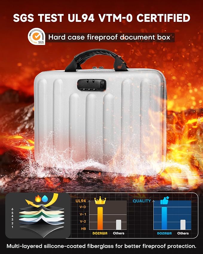 DOZAWA Fireproof Document Box, Waterproof Hard File Organizer with Lock | UL-94 VTM-0 certified 8-layer document box withstands up to 5200°F, featuring waterproof zippers, silver