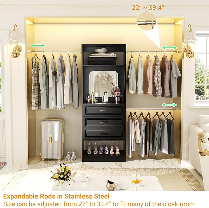 Unikito 8FT Closet System with Mirror, 96 Inch Walk in Closet Organizer Kit with Drawers and 3 Extendable Hanging Rods, Sturdy Wood Clothing Garment Rack with 25” Tower, Max Load 1000 LBS, Black