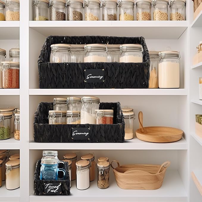 Wonderjune 4 Pcs Water Hyacinth Storage Basket Set Boho Wicker Rattan Pantry Basket with Chalkboard Label Handles Woven Container Kitchen Laundry Large Small for Shelf Food Home Bathroom Decor(Black)