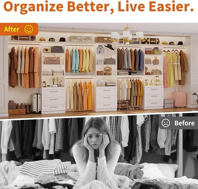 Closet System with 9 Drawers, 9-17FT Custom Closet Organizer System Wood with 9 Hanging Rods & Adjustable Shelves, Walk in Closet Organizer Shelving System, Modular Closet Systems Kits, 3 Sets, White
