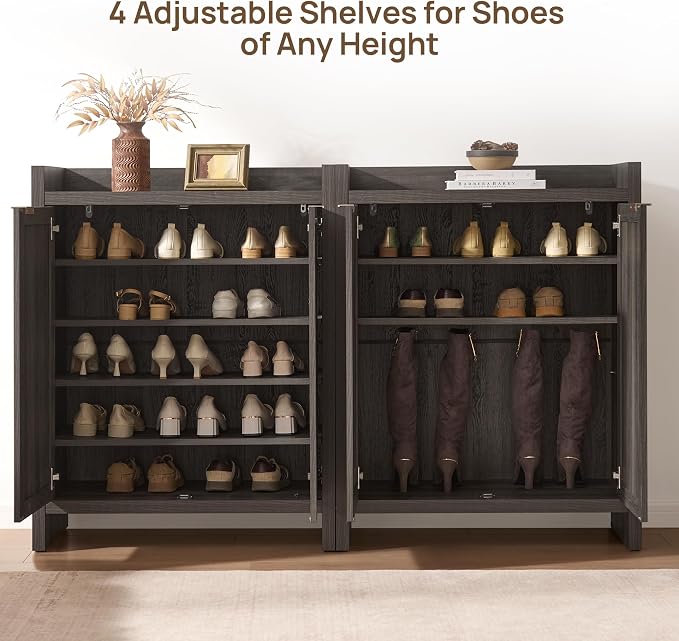 SICOTAS 41" Tall Shoe Cabinet, 24 Pair Shoe Storage Cabinet with Doors and 6-Tier Shelves, Rattan Shoe Cabinet Storage for Entryway, Farmhouse Boho Wooden Cabinet for Hallway, Black Oak